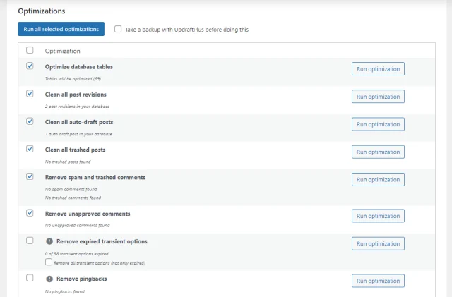 WP Optimize file optimization options