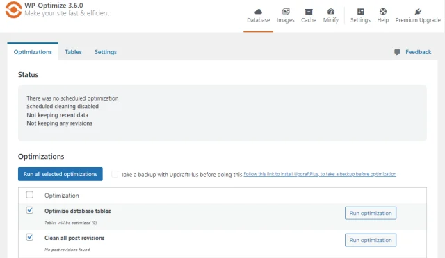 WP Optimize 'Optimization' tab status and options