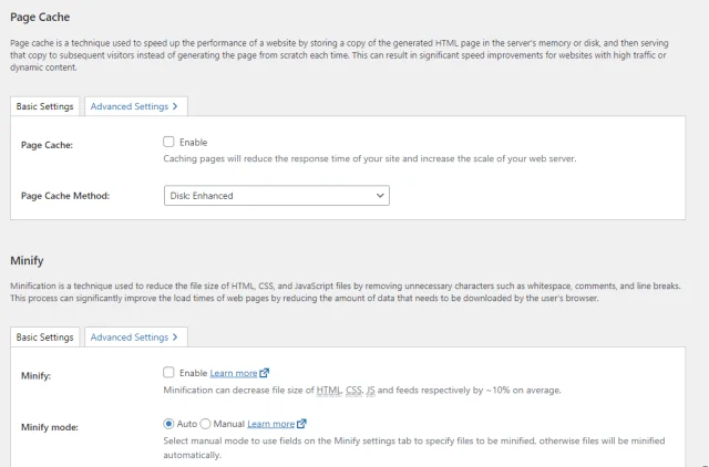 W3 Total Cache 'Page Cache' and 'Minify' settings