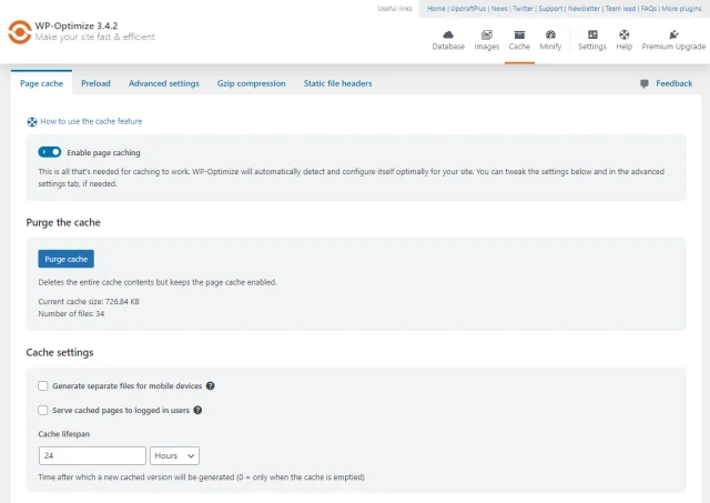 WP-Optimize Page cache settings