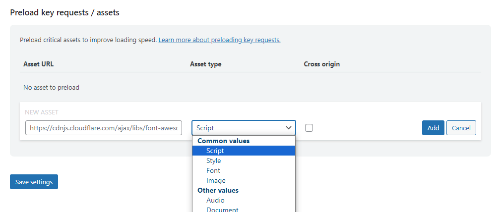 WP Optimize 'Preload key request/assets' page, asset type drop down options