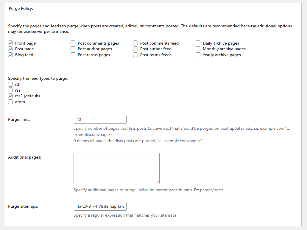 W3 Total Cache 'Purge Policy' page settings