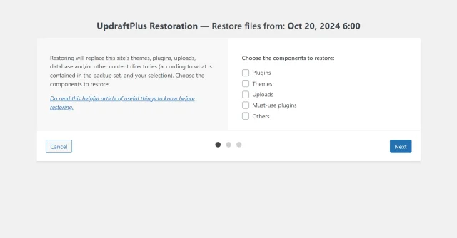 Choose the components to restore by selecting the checkbox, then select 'Restore' button