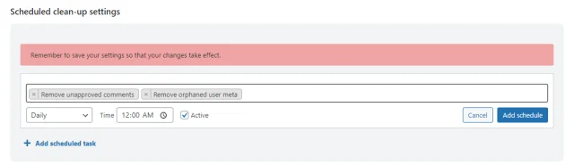 WP Optimize 'Scheduled clean up settings' option