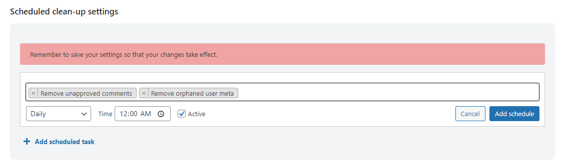 WP Optimize 'Scheduled clean up settings' option