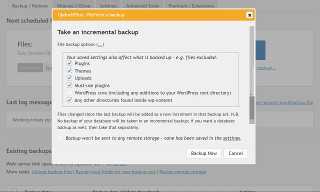 In 'Perform a backup' dialogue, select/unselect backup settings to take an incremental backup