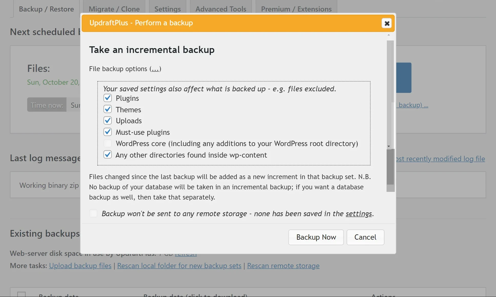 In 'Perform a backup' dialogue, select/unselect backup settings to take an incremental backup