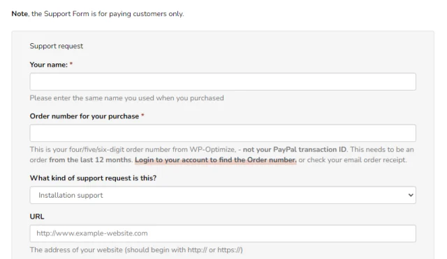 WP Optimize 'Support request' form page