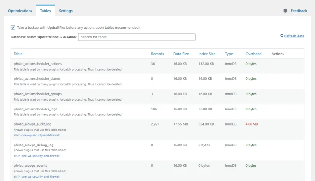 WP Optimize 'Tables' tab, contains list of tables and their details