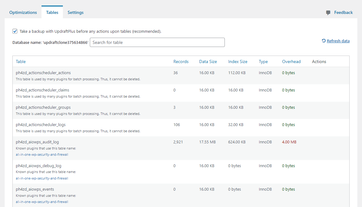 WP Optimize 'Tables' tab, contains list of tables and their details