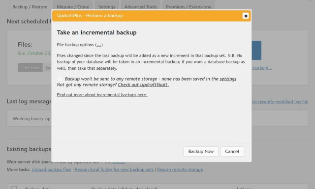 To 'Take an incremental Backup', select on 'Backup Now' button