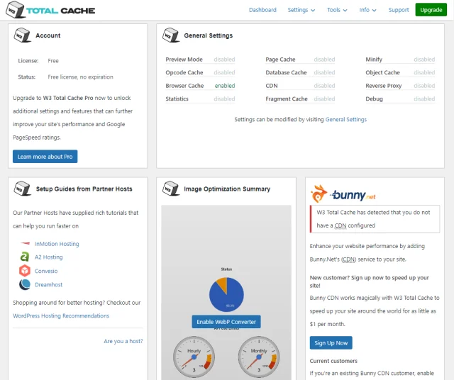 W3 Total Cache dashboard