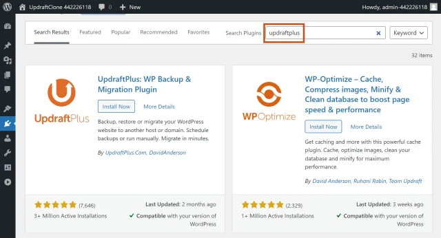 Search 'UpdraftPlus' in plugin search bar