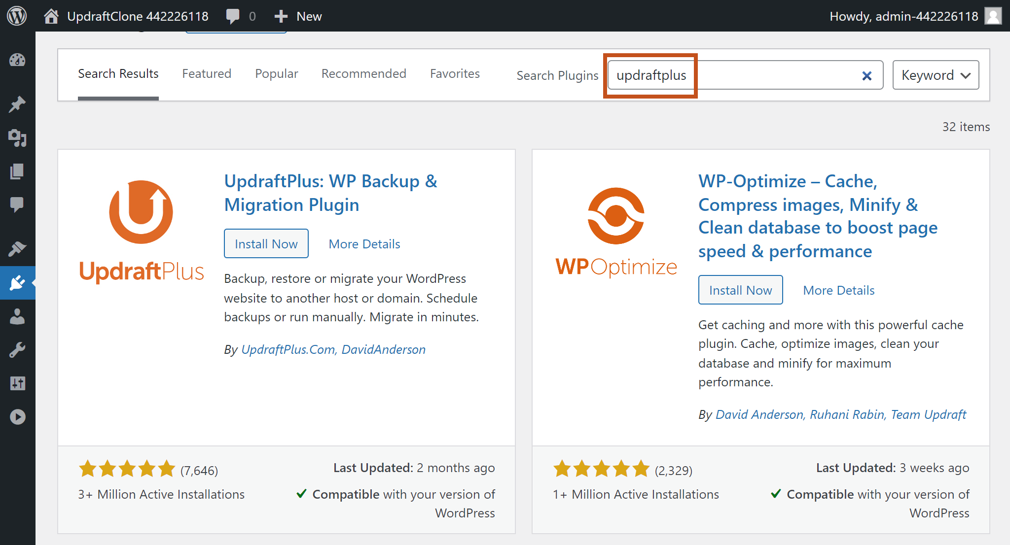 Search 'UpdraftPlus' in plugin search bar
