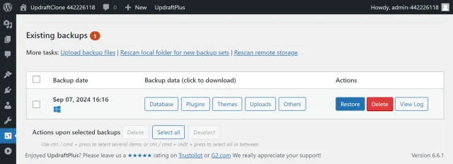 Existing backups log