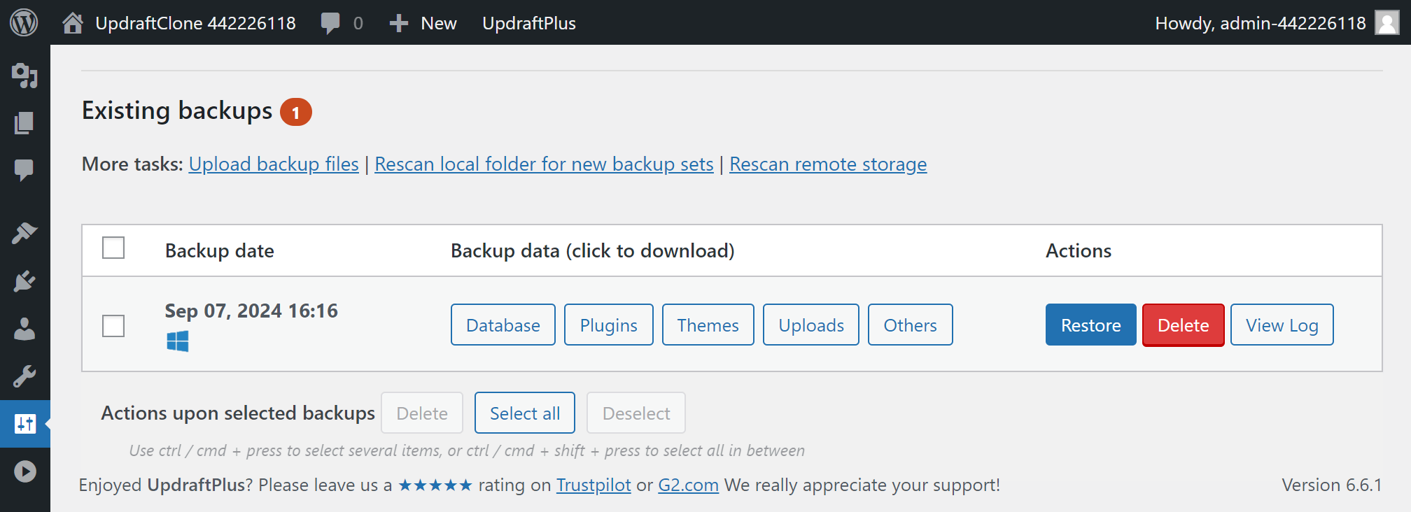 Existing backups log