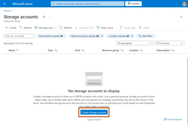 In the 'Storage Accounts' page select on 'Create storage account' button