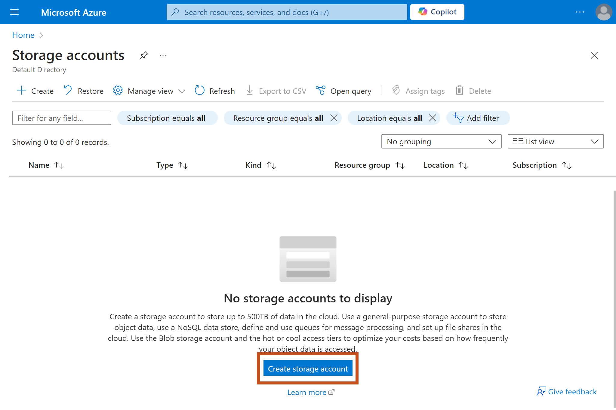 In the 'Storage Accounts' page select on 'Create storage account' button