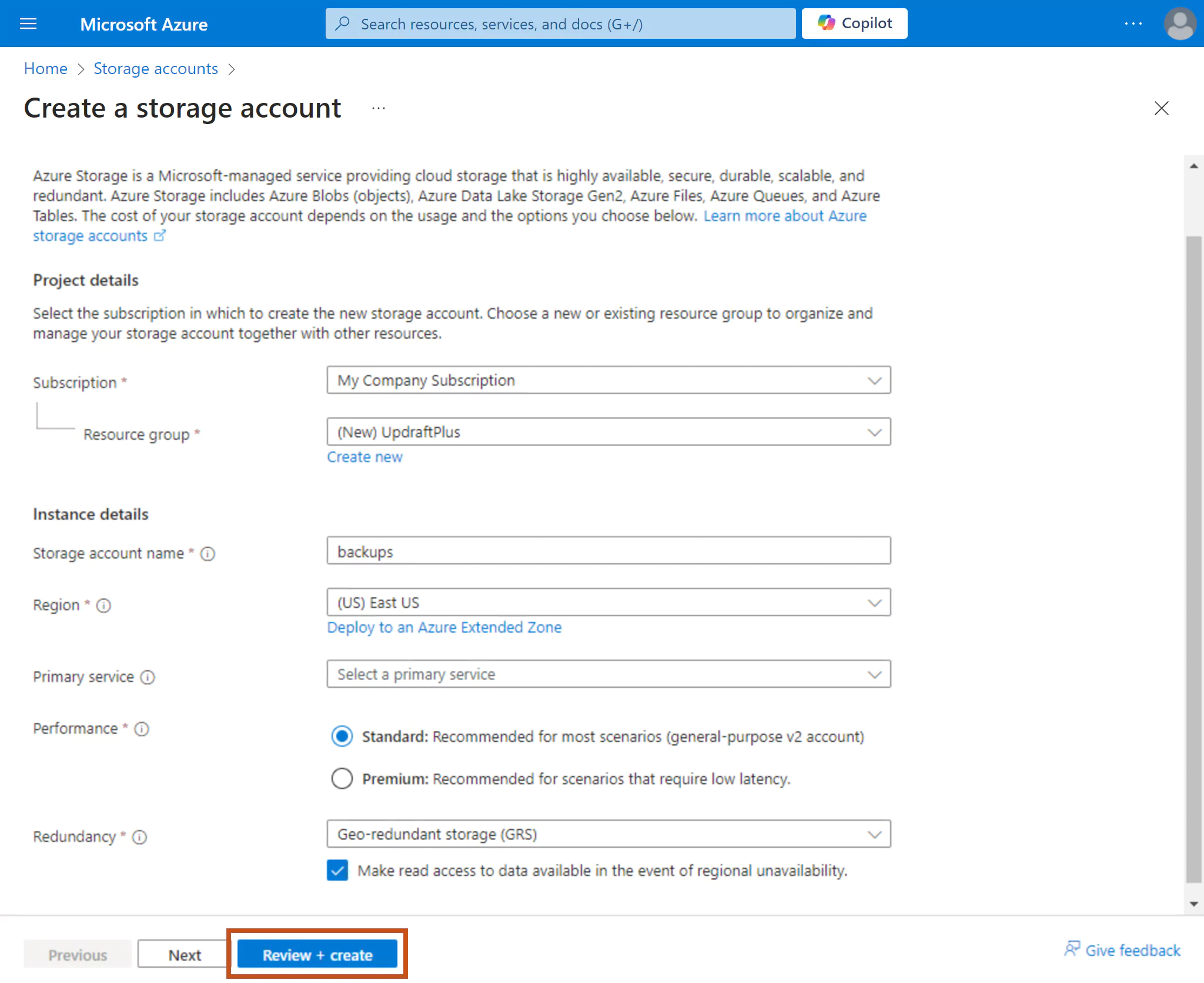 In the 'Create a storage account' section enter details then select 'Review + create' button