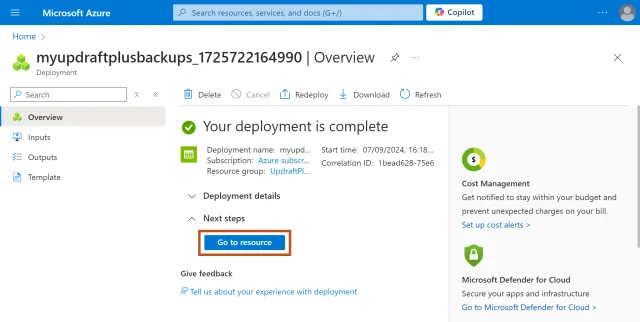 Select 'Go to resources' button once the deployment is complete
