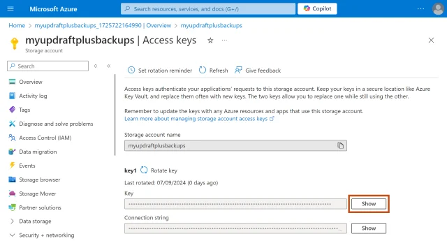 to view Microsoft Azure access key information, select 'Show' button for the key