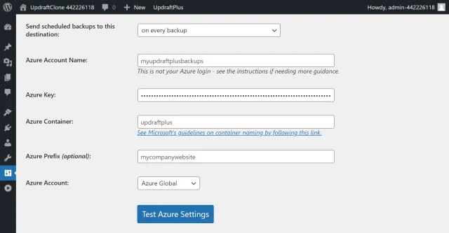 Microsoft Azure key settings