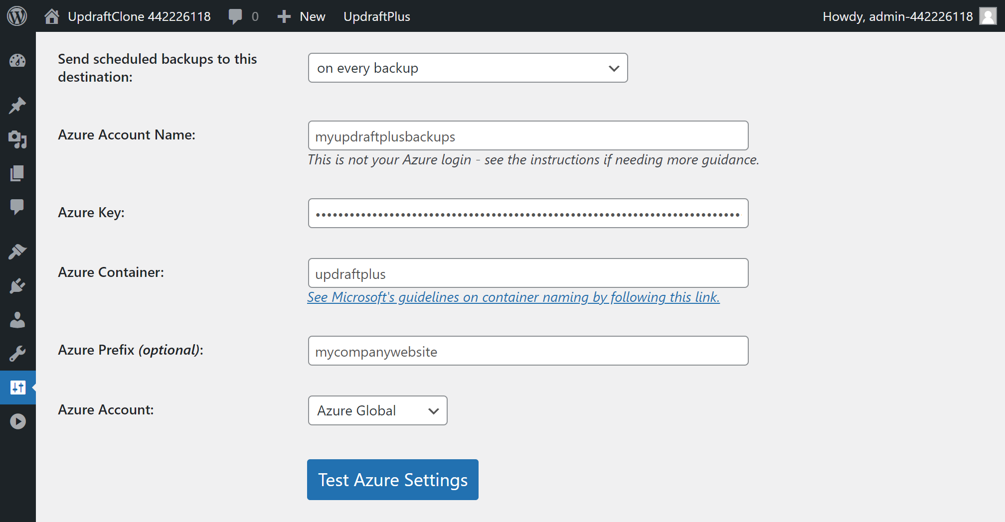 Microsoft Azure key settings