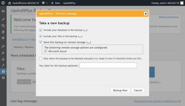 In 'Perform a backup' dialogue box, select 'Microsoft Azure' in the 'Select this backup to remote storage' option