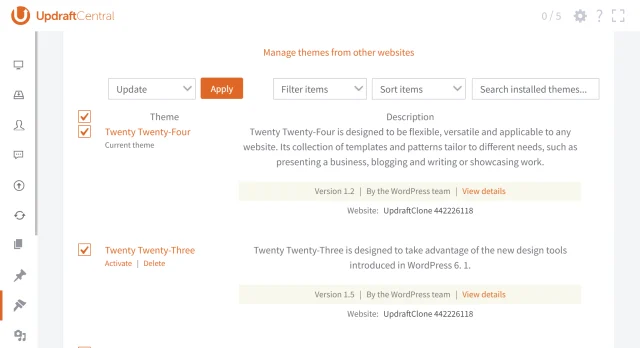 UpdraftCentral Manage themes settings