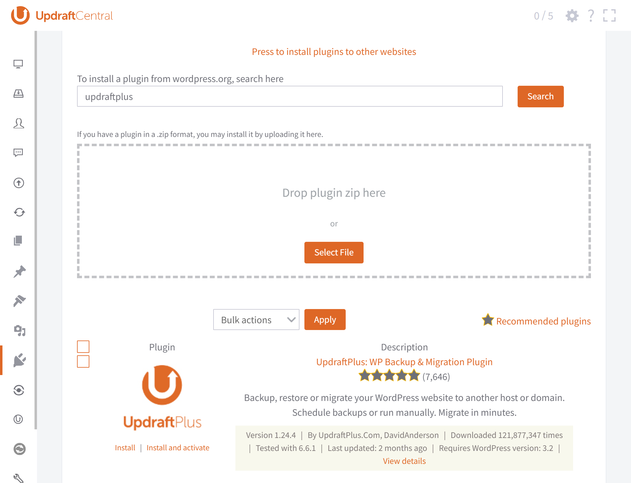 UpdraftCentral dashboard