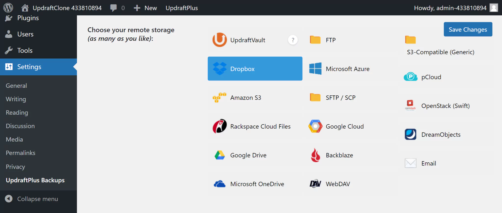 In the the 'Choose your remote storage' section, select Dropbox