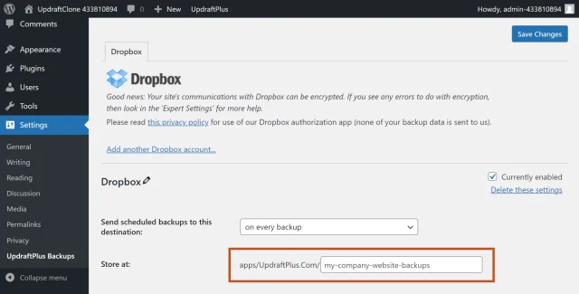 In the 'Dropbox' section of UpdraftPlus add folder name for your Dropbox in the 'Store at