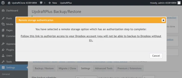 In the 'Remote storage authentication' dialogue select the link to authorize access to your Dropbox account