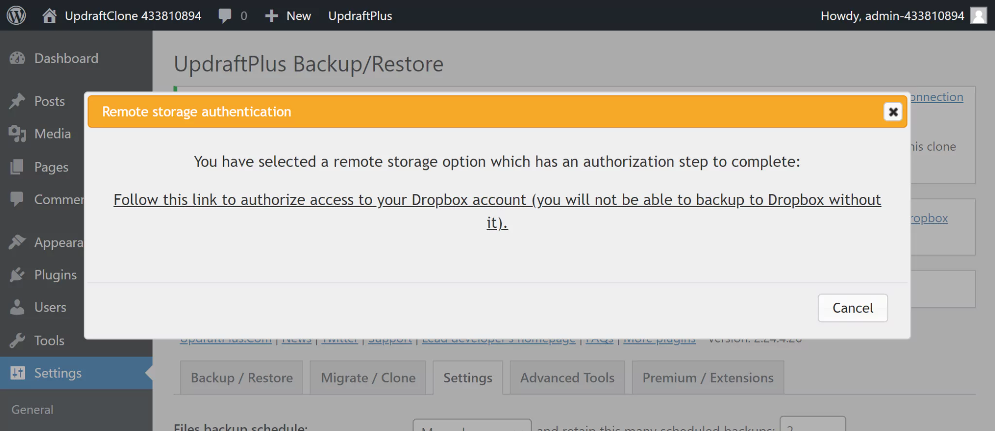 In the 'Remote storage authentication' dialogue select the link to authorize access to your Dropbox account