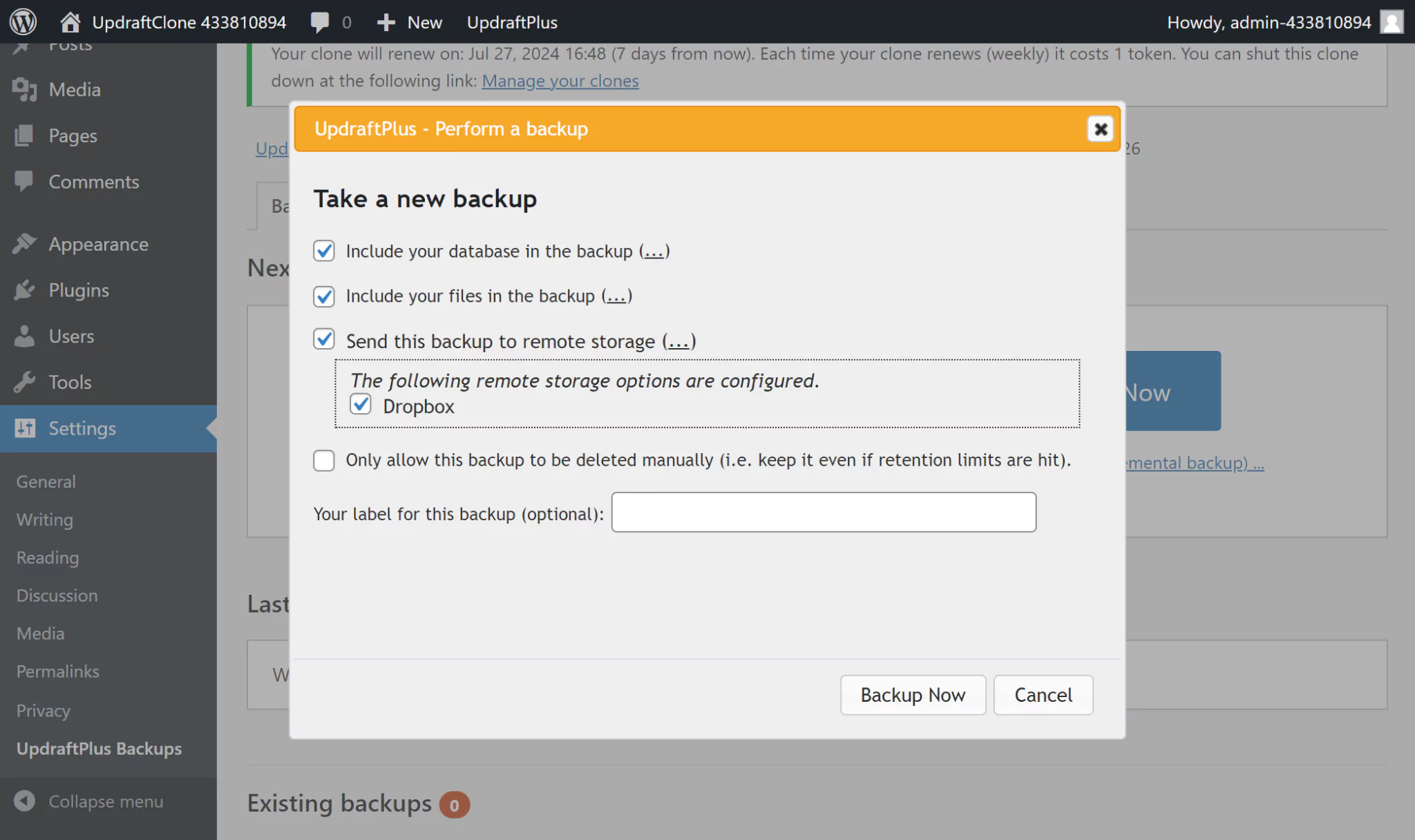 Select 'Dropbox' in a 'Perform a backup' dialogue to take a new backup