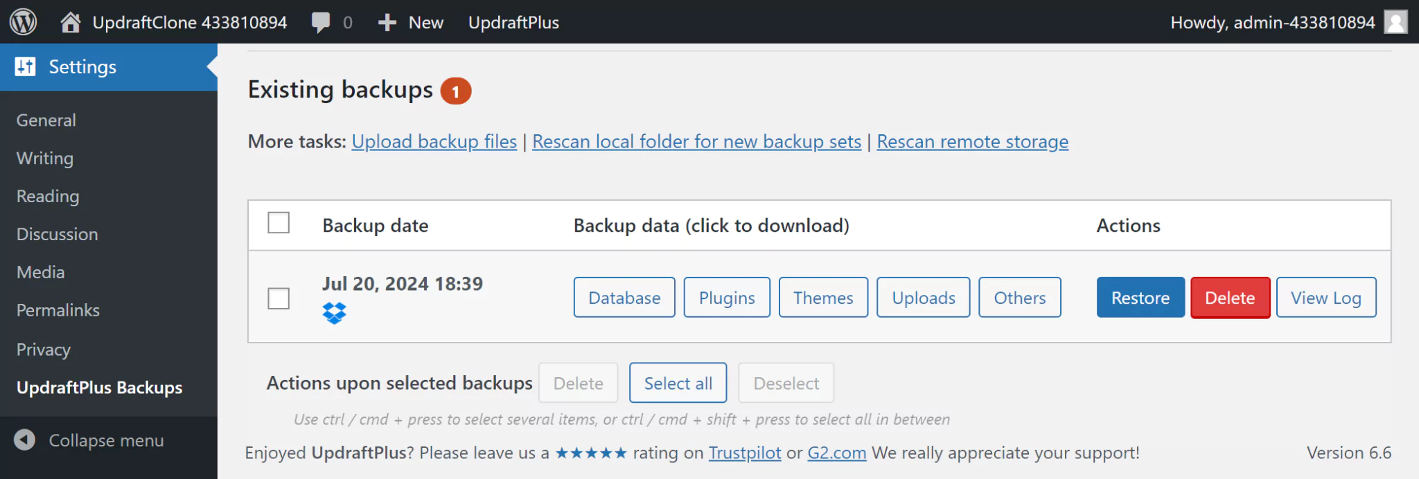 Dropbox existing backups log