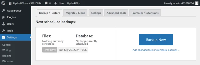 UpdraftPlus Backup/Restore tab