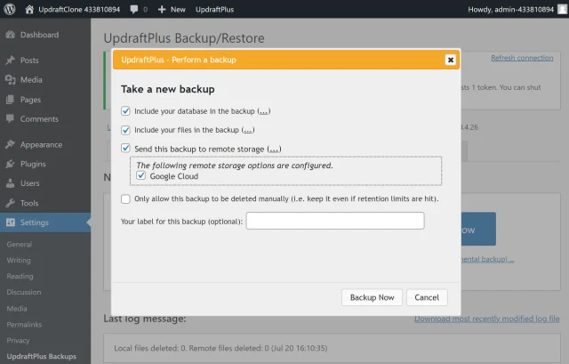 Select 'Google Cloud' in a 'Perform a backup' dialogue to take a new backup