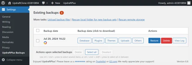 UpdraftPlus Existing backups log