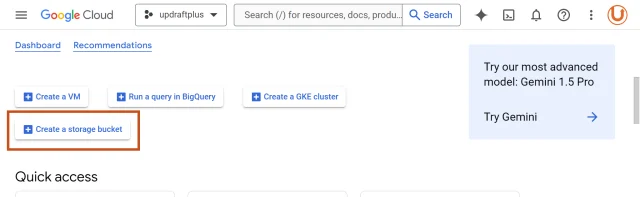 Select 'Create a storage bucket' button in the Google Cloud dashboard