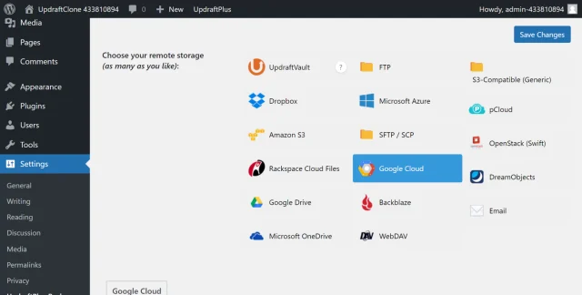 Choose and select 'Google Cloud' in the 'Choose your remote storage' section