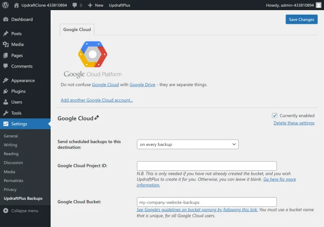 In the 'Google Cloud' tab, enter the bucket name in the section 'Google Cloud Bucket'