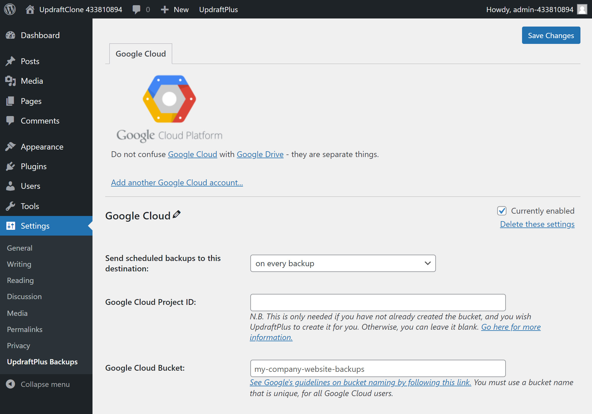 In the 'Google Cloud' tab, enter the bucket name in the section 'Google Cloud Bucket'