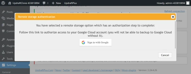 In the 'Remote storage authentication' dialogue select the 'Sign in with Google' button to connect your Google cloud account