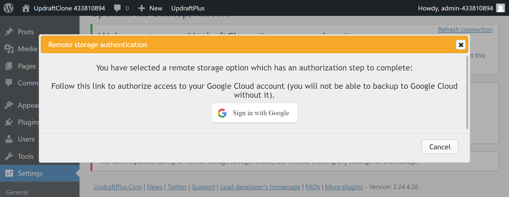 In the 'Remote storage authentication' dialogue select the 'Sign in with Google' button to connect your Google cloud account