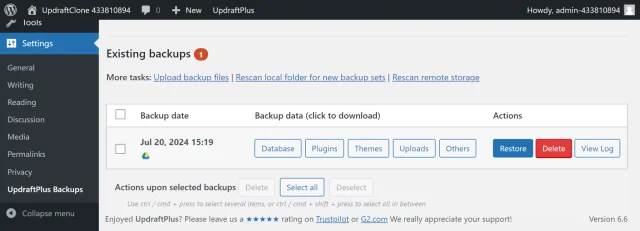 UpdraftPlus Existing backups log