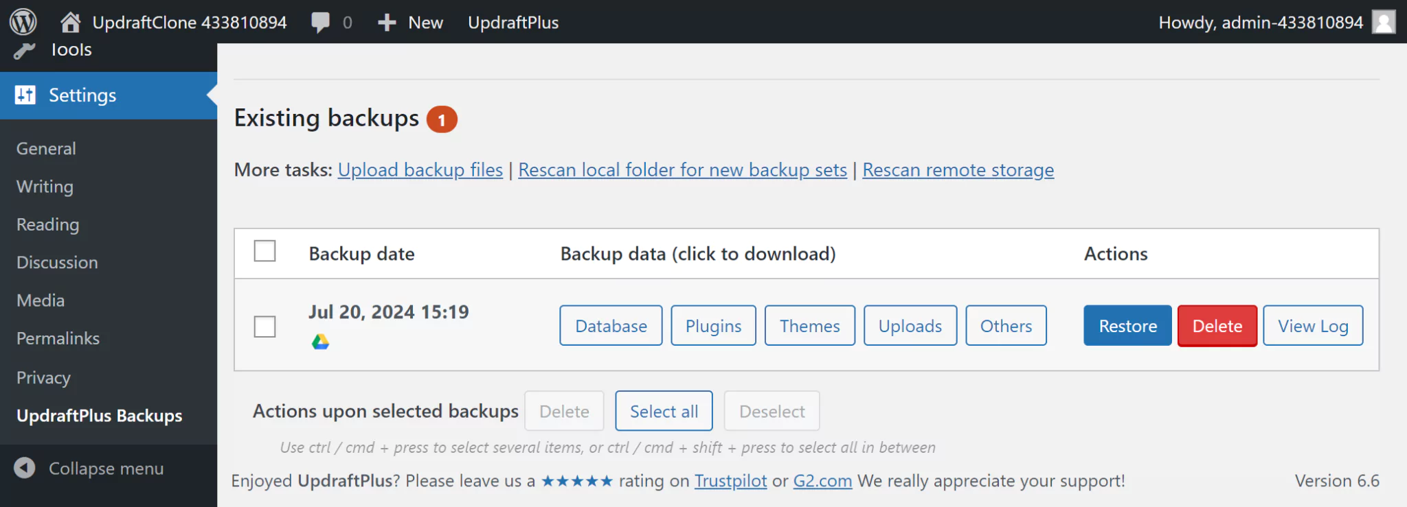 UpdraftPlus Existing backups log