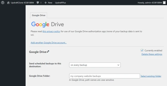 UpdraftPlus Google Drive page