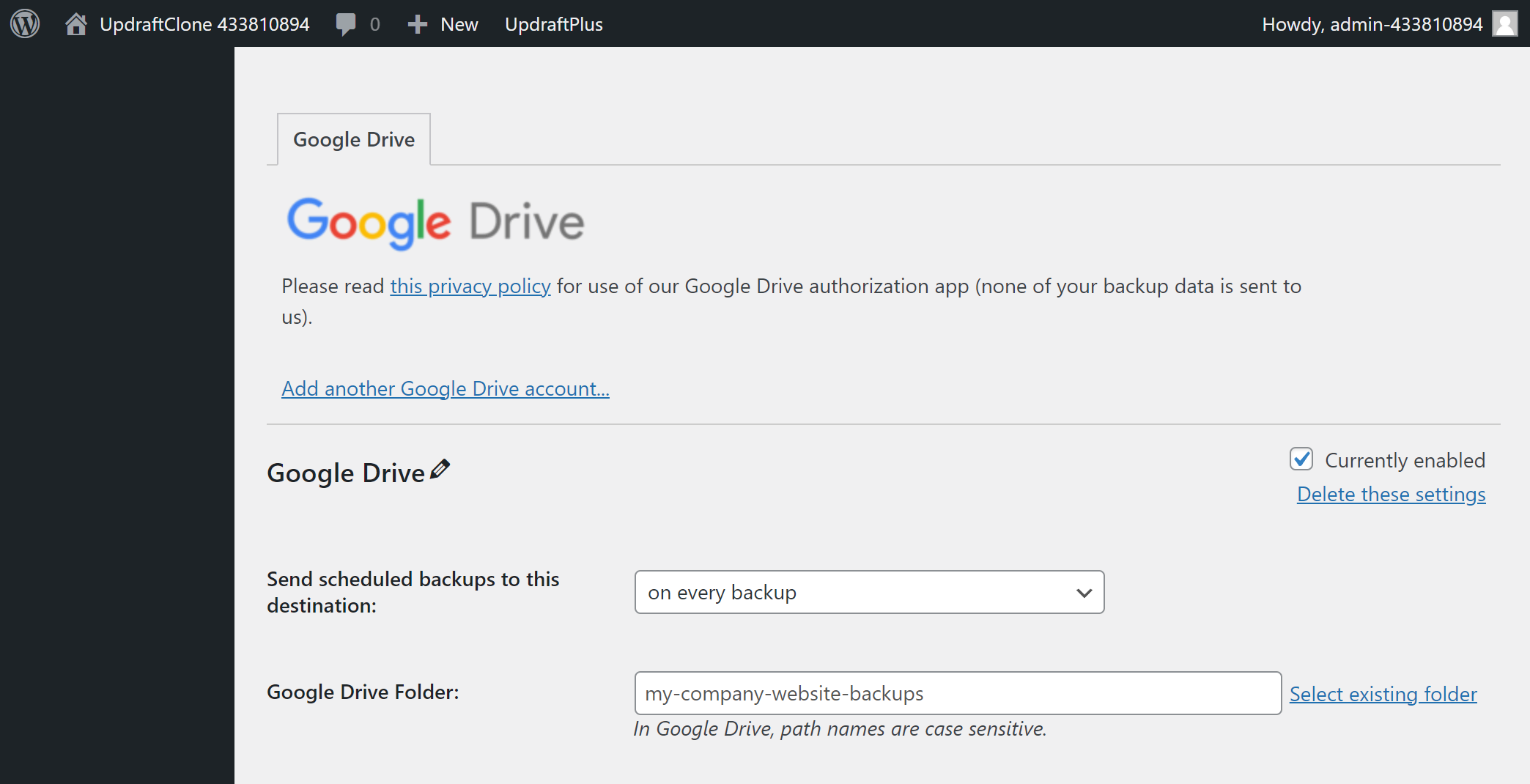 UpdraftPlus Google Drive page