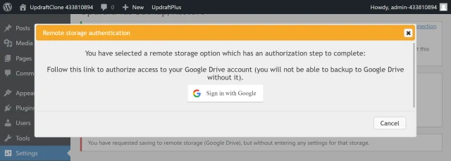 In the 'Remote storage authentication' dialogue select the 'Sign in with Google' button to connect your Google cloud account